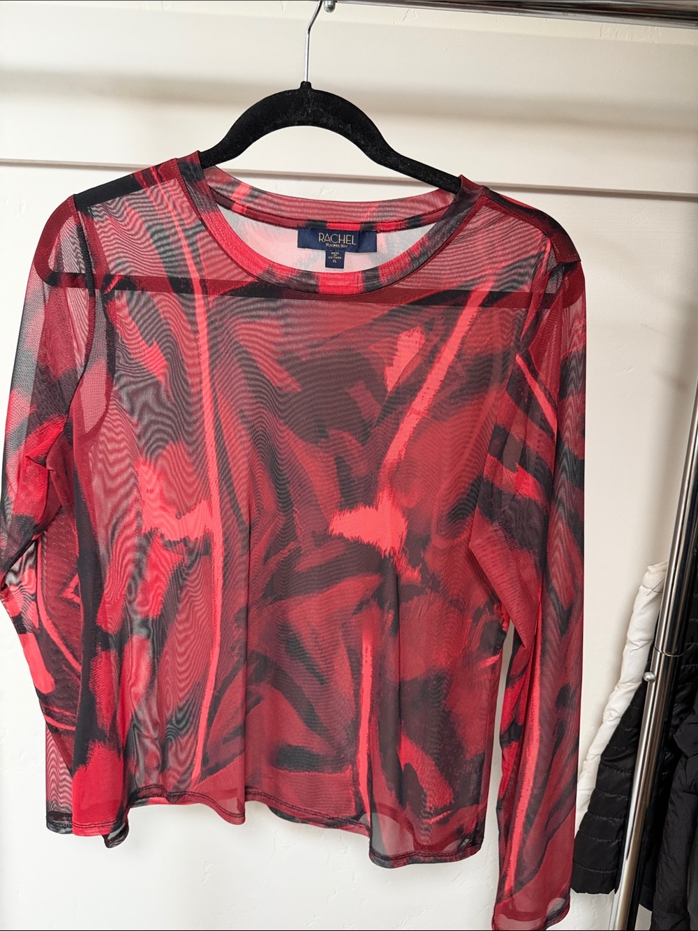 RACHEL Rachel Roy Sheer Long-Sleeve Mesh Top in Red/Black SIZE XL